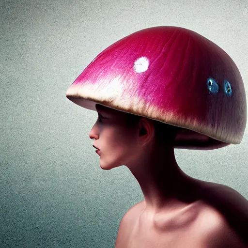 Image similar to cute alien mushroom girl side view photography model full body style of jonathan zawada, thisset colours simple background objective