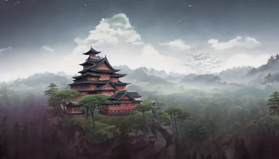 Image similar to A highly detailed matte painting of a large japanese castle, dark and wooden, in the mountains with volumetric fog, with matsu pine trees, by Studio Ghibli, Makoto Shinkai, by Artgerm, by beeple, volumetric lighting, octane render, 4K resolution, trending on artstation