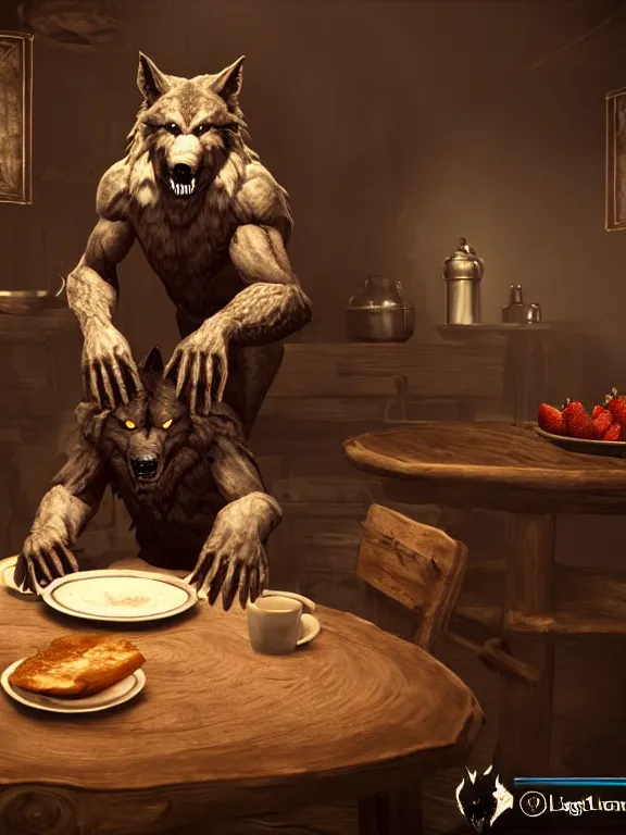 Prompt: cute handsome cuddly burly surly relaxed calm timid werewolf from van helsing sitting down at the breakfast table in the kitchen of a normal country home cooking having fun lighthearted whimsy baking strawberry tart cakes unreal engine hyperreallistic render 8k character concept art masterpiece screenshot from the video game the Elder Scrolls V: Skyrim