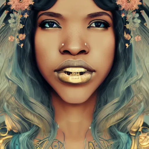 Image similar to black woman with gorgeous pastel balayage hairstyle face tattoos and gold teeth, as seen on artgerm, octane render, exploding nebulae in the style of alphonse mucha, ultra realistic, highly detailed, 8 k,