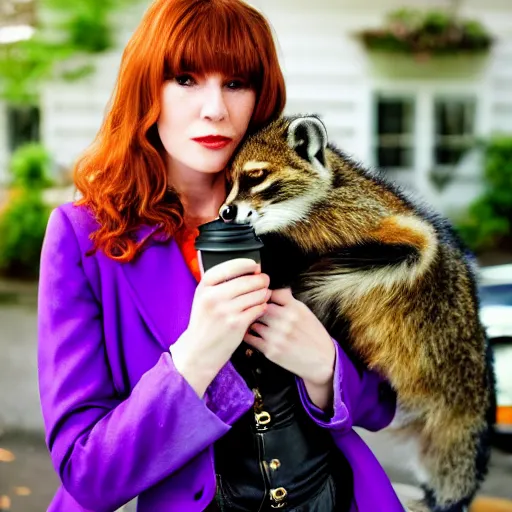 Image similar to a photo by arbus of a slender beautiful woman with straight ginger hair and bangs, wearing purple leathers and gold helmet, posing with large ginger tabby and raccoon on a motorcycle in her front yard, holding coffee mug and toasted brioche bun, fashion photography, dramatic lighting, 8 5 mm lens