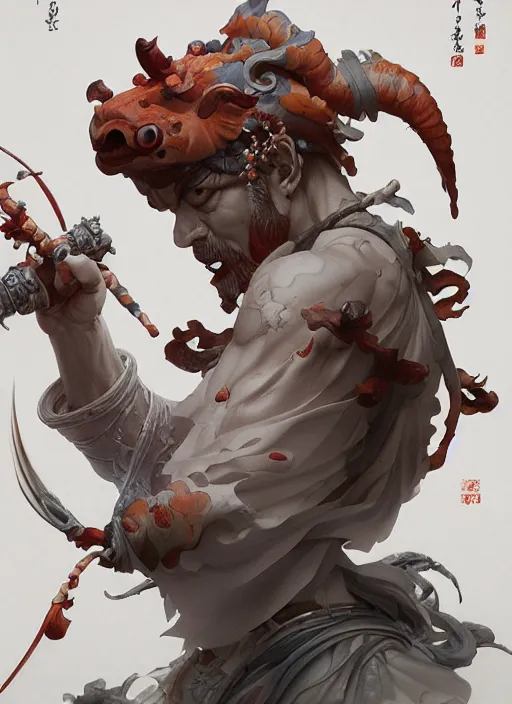 Image similar to subsurface scattering, white, koi, samurai deity, by jesper ejsing, james jean, justin gerard, tomasz alen kopera, cgsociety and fenghua zhong, highly detailed, rim light, cinematic lighting, illustration, art, octane render, very coherent, cinematic, hyper realism, high detail, 8 k