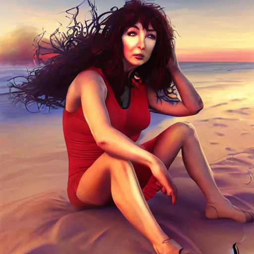 Image similar to a hyper real comic book style portait painting of kate bush on the beach, unreal 5, hyperrealistic, octane render, cosplay, rpg portrait, dynamic lighting