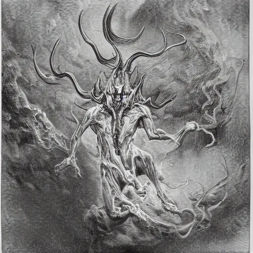 Prompt: full body grayscale drawing by Gustave Dore and Anato Finnstark of horned muscled humanoid demon, 3/4 view from below, engulfed in swirling flames