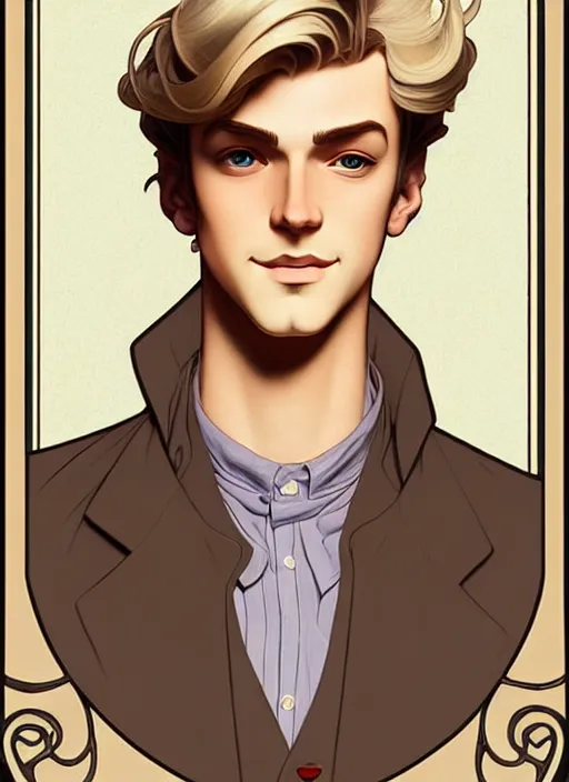 Image similar to art nouveau portrait of a young man with short, ash blond greyish hair, light brown eyes, natural lighting, path traced, highly detailed, high quality, cartoon, digital painting, by don bluth and ross tran and studio ghibli and alphonse mucha