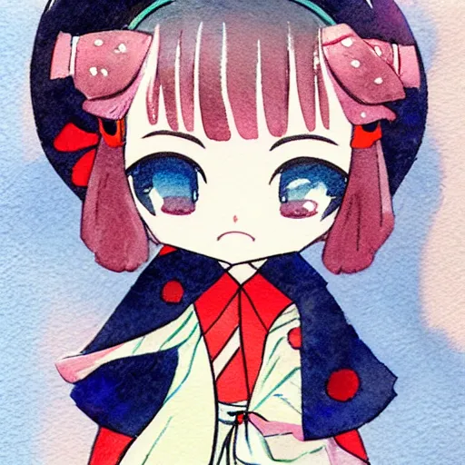 Image similar to beautiful water color concept art of face detailing cute nendoroid girl in the style of ukiyoe , toon rendering, close-up, no shade, flat shading