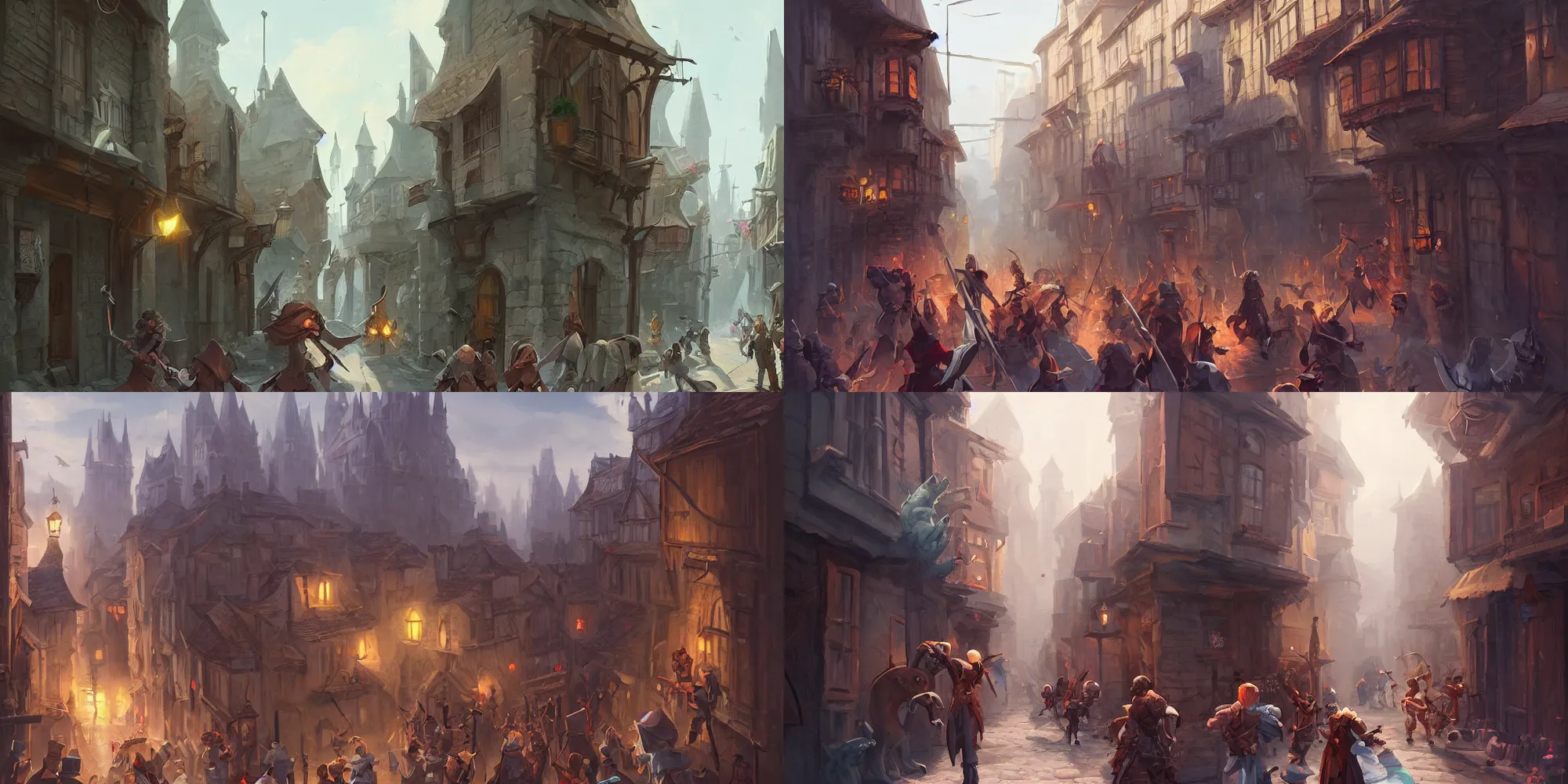 Image similar to an exciting fantasy street battle within a fascinating old city, narrow streets, old buildings, by Sylvain Sarrailh, cinematic, simple but effective composition, clean lines, beautiful digital painting, oil painting, great character design, dungeons and dragons, lord of the rings, close up character, fantasy races