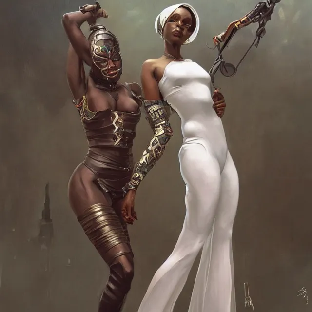 Image similar to african domme mistress, full body, dominatrix, tribal, smooth white tight clothes suit, ornate, very beautiful, concept art, realistic painting, androgynous, afrofuturism, daz 3 d, cinematic, cgsociety, digital art by greg rutkowski, by alphonse mucha