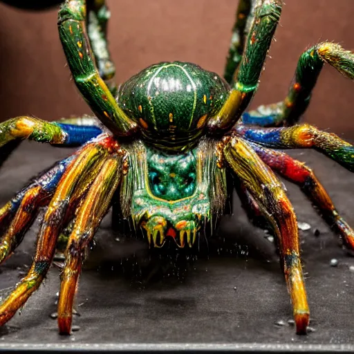 Image similar to photo taken of an epic intricate, ultra detailed, super realistic gritty, hero prop, exquisitely painted animatronic movie prop of a wet slimy grotesque nightmarish hellish arachnoid creature displayed in the workshop, created by weta workshop, full body shot, photorealistic, sharp focus