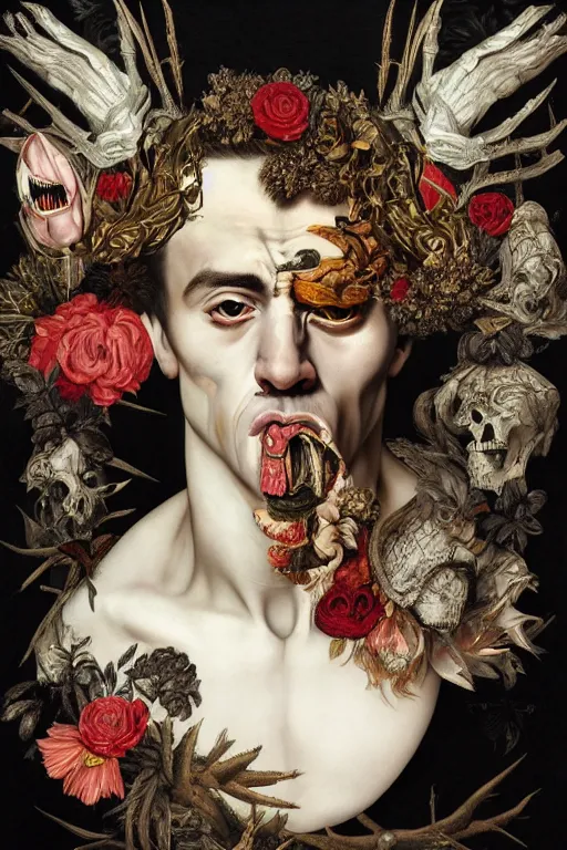 Image similar to Detailed maximalist portrait a greek god with large lips and with large white eyes, exasperated expression, botany bones, HD mixed media, 3D collage, Grimm fury takes character, highly detailed and intricate, surreal illustration in the style of Caravaggio, dark art, baroque