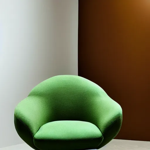 Image similar to an avacado chair, an armchair that looks like an avacado with green leather and seed yolk, award winning design, studio lighting, advanced photography, beautifully lit