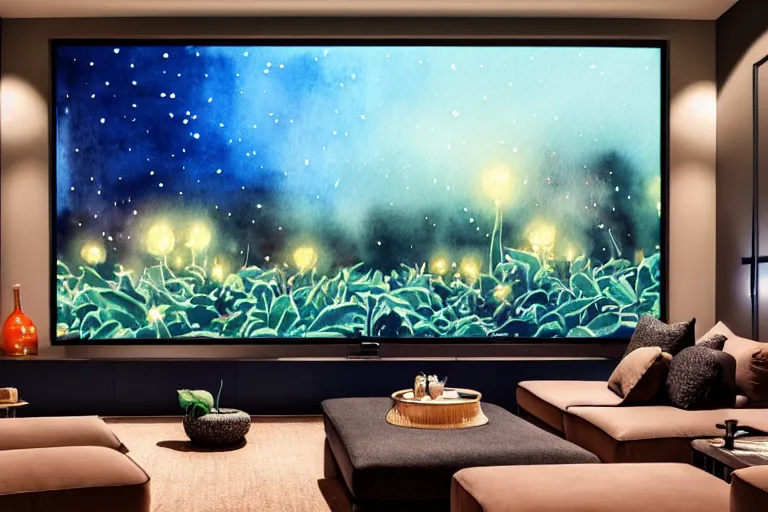 Image similar to very wide view of a modern home movie theater with giant projector screen!!, detailed art deco decoration!, wall lights, plant, popcorn machine, very very beautiful watercolor painting!!!, trending on artstation