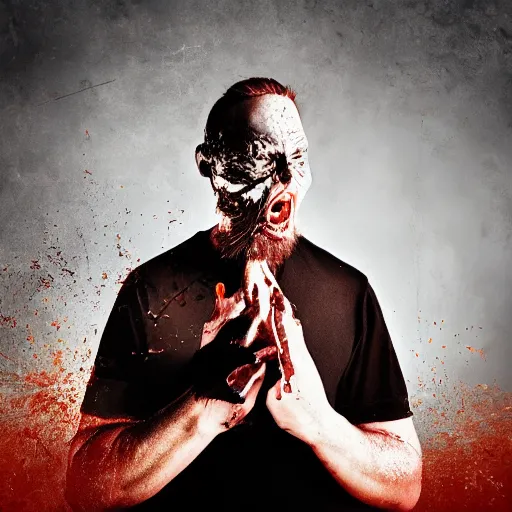 Prompt: A finnish metal band album cover of man tearing his face off