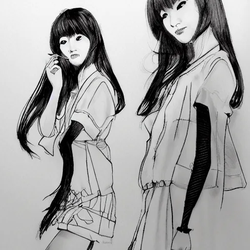 Image similar to a perfect, realistic professional digital sketch of a Japanese schoolgirls posing in a luxury hotel room, style of Marvel, full length, by pen and watercolor, by a professional American senior artist on ArtStation, a high-quality hollywood-style sketch, on high-quality paper