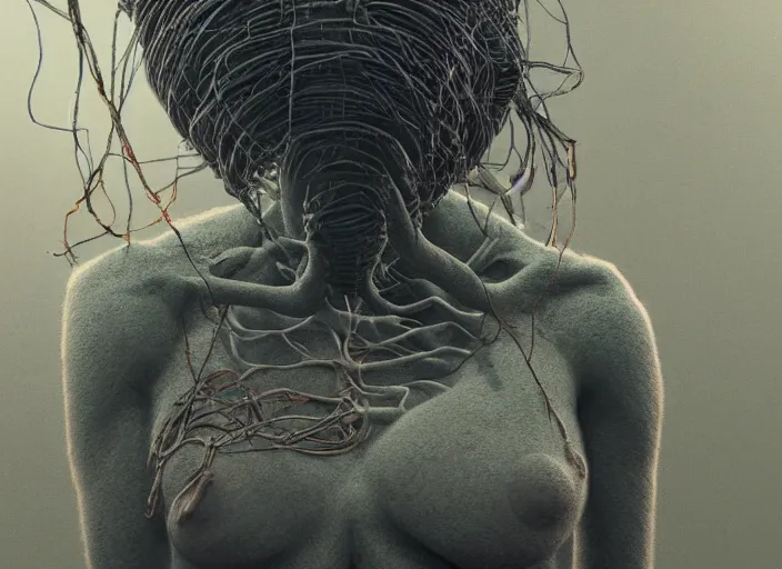 Image similar to rgb, woman, cinematic, movie scene, inspired by zdzislaw beksinski, new zealand landscape, clothes made out of veins,, cables everywhere, bedroom, ultra realistic, concept art, intricate details, highly detailed, photorealistic, octane render, 8 k