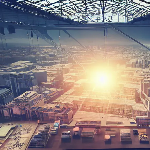 Prompt: crane shot of large group people in open warehouse, looking at hologram of futuristic city on a table, cinematic concept, godrays, golden hour, natural sunlight, 4 k, clear details, tabletop model buildings, tabletop model, ethereal hologram center, crane shot, crane shot, rule of thirds, people, people, award winning