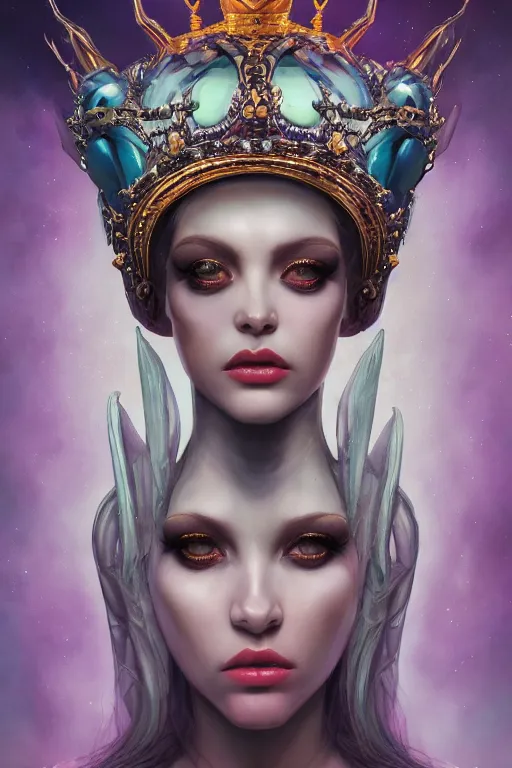 Prompt: portrait of a alien queen wearing an elaborate crown, straight on portrait, by artgerm, tom bagshaw, gerald brom, vaporwave colors, lo fi colors, vaporwave, lo fi, 2 point studio lighting, dramatic lighting, creepy aesthetic, 4 k, hd,