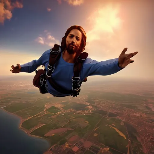 Image similar to portrait of jesus skydiving, realistic artstyle, wide shot, dramatic lighting, octane render, hyperrealistic, high quality, highly detailed, HD, beautiful, cinematic, 8k, unreal engine, facial accuracy, anatomical accuracy, symmetrical