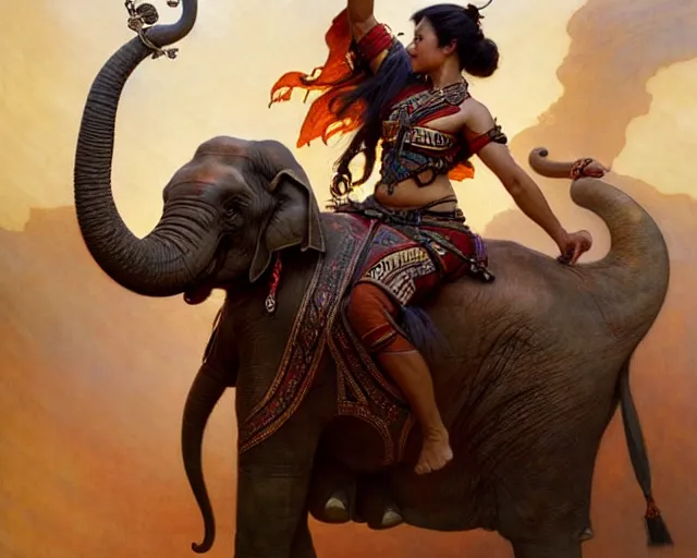 Image similar to magic tribal ethnic asian female, riding a war elephant, gorgeous lighting by weta studio, mucha, bautista and norman rockwell and greg rutkowski and tom bagshaw and james gurney and lucasfilm