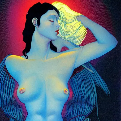 Image similar to dark blue haired woman, fair skinned, mœbius, jean henri gaston giraud, psychedelic, surrealism, dramatic lighting, angelic, beautiful, feminine