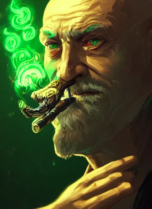 Image similar to a highly detailed illustration of bald old man smoking with green glowing eyes, dramatic smoking pose, nuclear background, intricate, elegant, highly detailed, centered, digital painting, artstation, concept art, smooth, sharp focus, league of legends concept art, wlop.