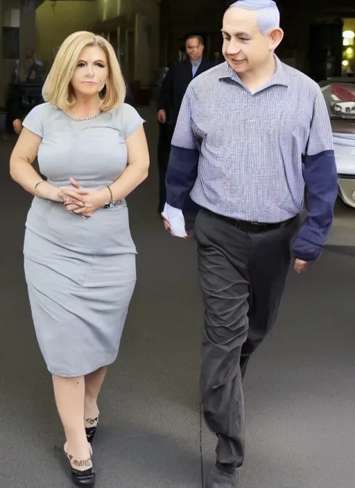 Image similar to midget benjamin netanyahu walking next to giant sarah netanyahu