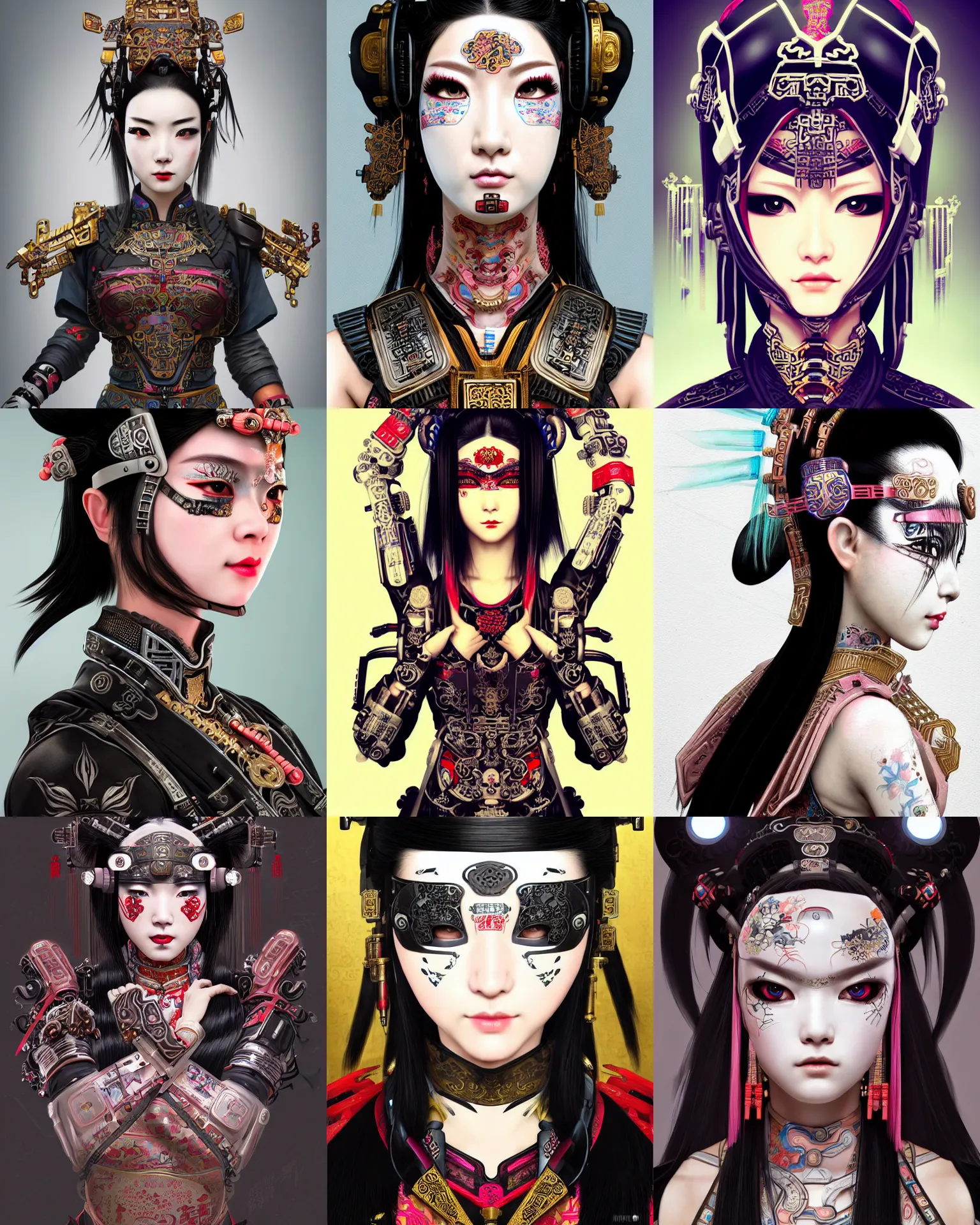 Prompt: upper half portrait of a female with machine head gear cyberpunk face accessories, decorated with chinese opera motifs, cyberpunk, royal, alita, wuxia, hanfu, traditional chinese art intricate intense elegant highly detailed artstation concept art smooth, sharp focus, art by mike nash and artgerm and alphonse mucha and yukito kishiro and vania zouravliov