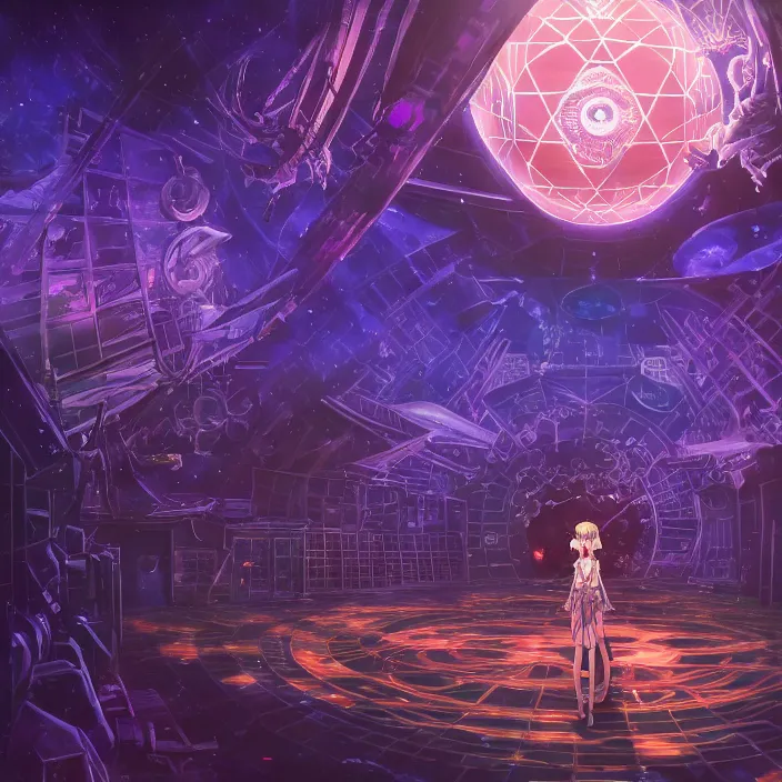 Image similar to Albedo from overlord, mamimi samejima, psychedelic background, epcot, inside a space station, eye of providence, female anime character, Lain, uwu, uwu, Luminism, Tomas Sanchez, Karla Knight, surrealism, Simon Stålenhag, M. C. Escher, Ruan Jia, uwu Hi-Fructose, Artstation, HD, HDR, High Resolution, technological rings, giygas