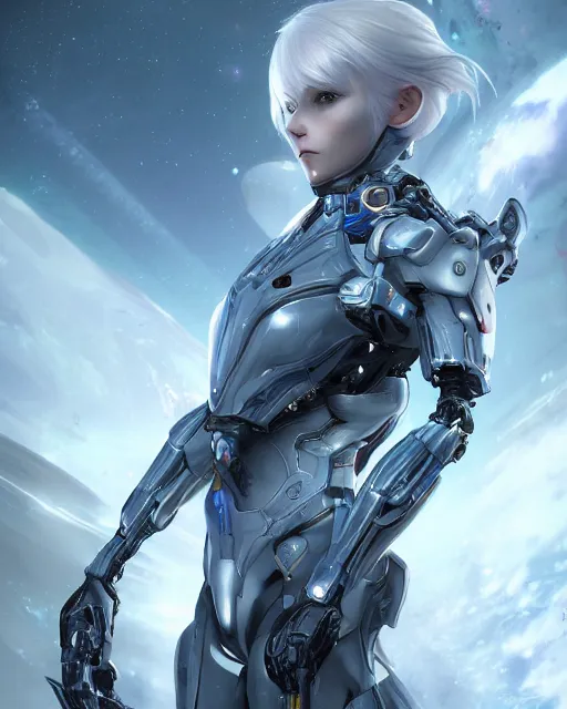 Image similar to photo of a cyborg girl on a space ship, warframe armor, beautiful face, scifi, nebula reflections, futuristic background, dreamy, white hair, blue eyes, glowing, 8 k high definition, insanely detailed, intricate, innocent, art by akihiko yoshida, antilous chao, li zixin, woo kim