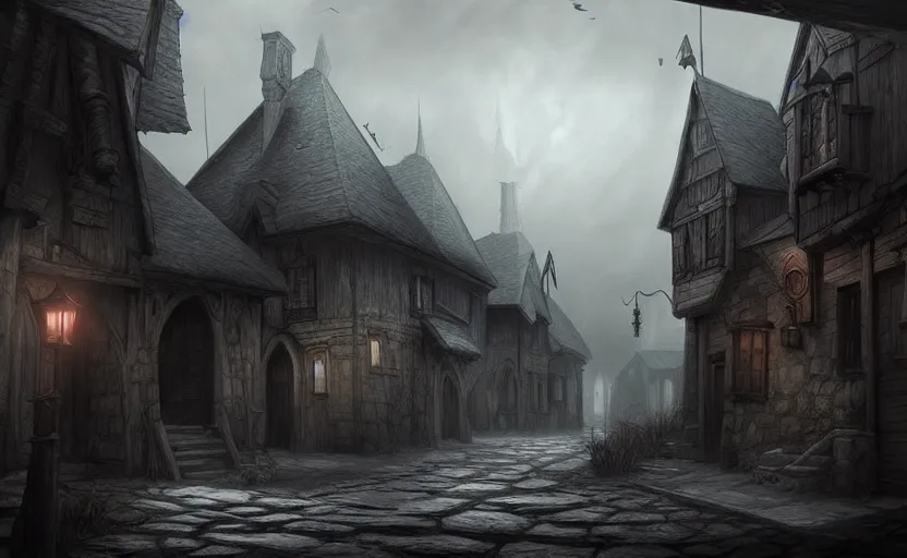 Image similar to beautifully drawn concept art of an old medieval mystic town : : dramatic mood, overcast mood, dark fantasy environment : : trending on artstation, unreal engine, digital art