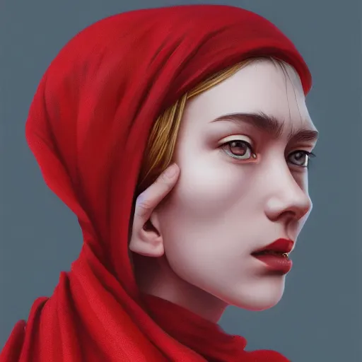 Image similar to human female portrait, red scarf, hatched ear, golden earring, white background, by horace hsu, tony sart, miles johnston, highly detailed, digital illustration, concept art, trending on artstation