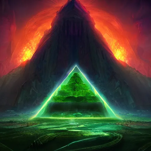 Image similar to a huge chaos dark eldritch pyramid with a giant eye with green ray traced light and corruption by WLOP and tony sart and bekinski, god rays, fantasy art, 4k, HDR, photorealistic, 8k, trending on artstation