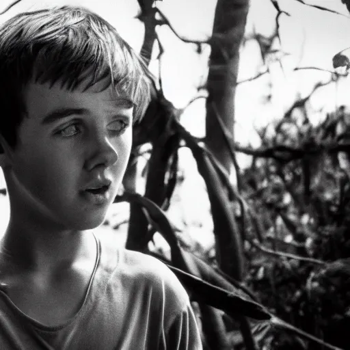 Image similar to isaac hempstead wright plays ralph in lord of the flies ( 1 9 6 3 ), 3 5 mm black and white, highly detailed, cinematic lighting