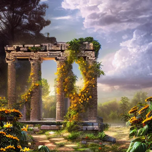 Image similar to beautiful highly detailed digital illustration of roses and sunflowers in front of a greek palace ruins in the forest. by Andreas Rocha, dramatic clouds, establishing shot, cinematic, architecture, artstation HQ, HD, 8k resolution, featured in art magazine, amazing depth, octane render, unreal engine 5