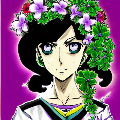 Image similar to a jojo's bizarre adventure manga artstyle colorful sketch : Marie the mother of Jesus resembling Jolyne Kujo, smiling with her mouth shut, not looking at the camera, with a saint aureola, black and white, wearing a veil, shamrocks and lilies in the background by by hirohiko araki shonen jump, crisp details, realistic, featured on Artscape