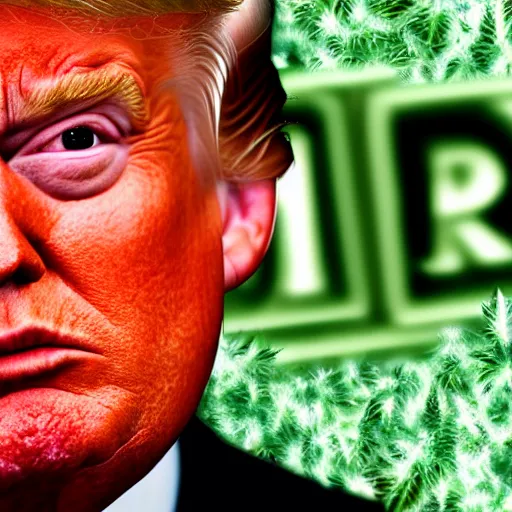 Image similar to close up photograph of very high on weed donald trump, stoner eyes, donald trump smoked weed, weed background, 8 k resolution