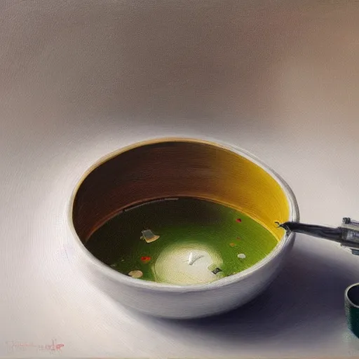 Image similar to a robotic soup bowl, oil painting, pale colors, high detail, 8 k, wide angle, trending on artstation,