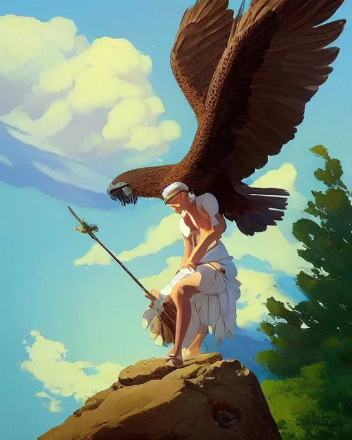 Prompt: a beautiful female anthropomorphic eagle warrior standing heroically on a rock. trees. atmospheric lighting, stunning, brave. Eagle girl. by studio ghibli painting, clouds, wide angle , low-angle shot, by Joaquin Sorolla rhads Leyendecker, by Ohara Koson and Thomas Kinkade, traditional Japanese colors, superior quality, masterpiece,trending on artstation, isometric