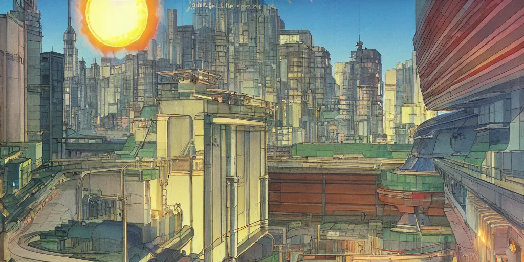 Image similar to Fusion reactor powering a future city, solarpunk, by Studio Ghibli and Edward Hopper