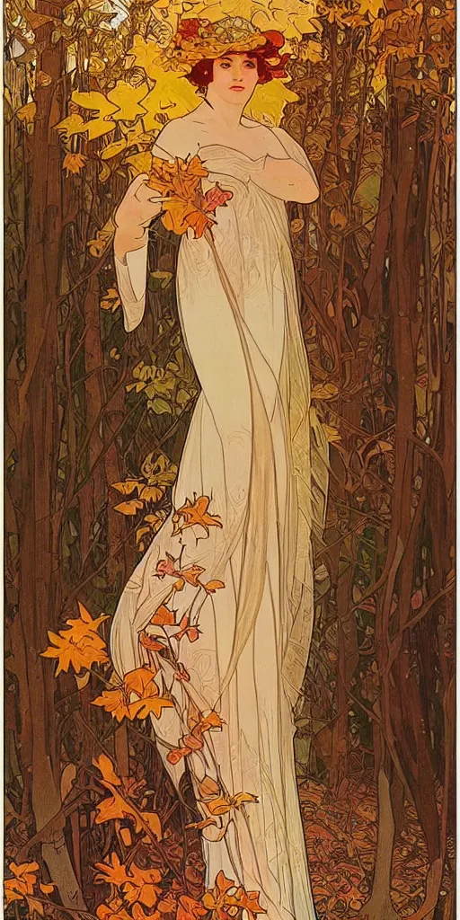 Prompt: a beautiful illustration of a beautiful lady in the forest, autumn, golden hour, alphonse mucha, moebius, cinematic