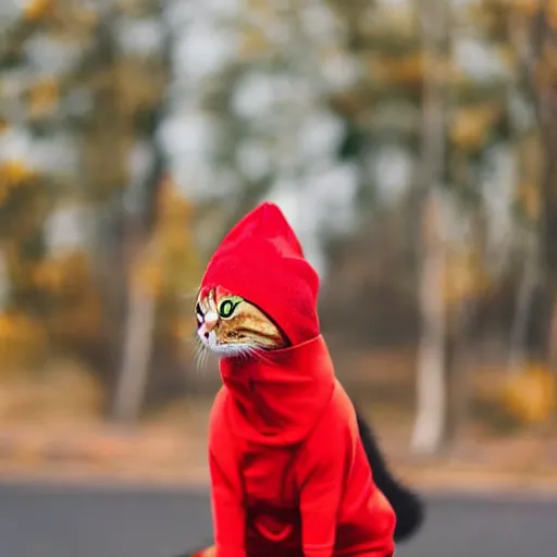 Image similar to a cat wearing a red beanie and a red hoodie