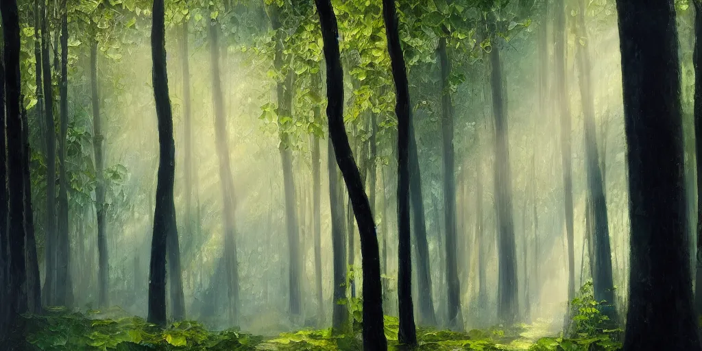 Image similar to An oil painting of an intensely beautiful forest in the morning with straight vertical trees; rays of light coming through the canopy; trending on artstation; extraordinary masterpiece!!!!!!; 8k; haunting beauty