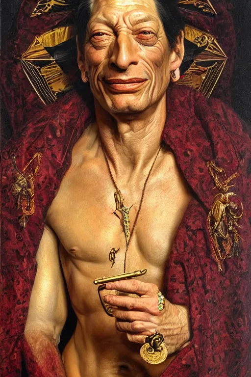 Prompt: hyper realistic painting portrait of jim varney, occult diagram, elaborate details, detailed face, intrincate ornaments, gold decoration, occult art, oil painting, art noveau, in the style of roberto ferri, gustav moreau, david kassan, bussiere, saturno butto, boris vallejo