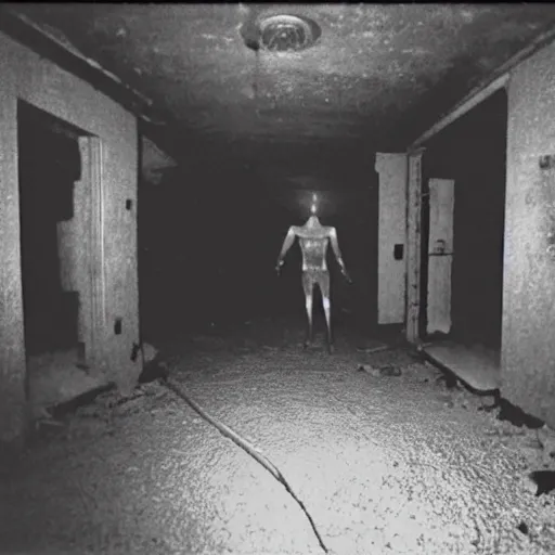 Image similar to hi - 8 night vision camera found - footage of a barely visible, bipedal minotaur, shrouded in darkness at the end of an extremely dark, unlit hallway in a basement of an abandoned house