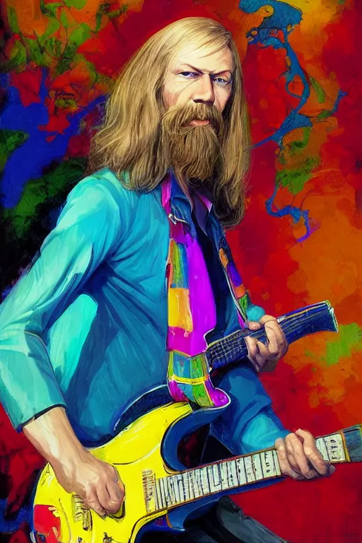 Image similar to a professional painting of Duane Allman, in brightly colored psychedelic shirt, playing a guitar, long hair, beautiful bone structure, symmetrical facial features, intricate, elegant, digital painting, concept art, smooth, sharp focus, illustration, from StarCraft by Ruan Jia and Mandy Jurgens and Artgerm and William-Adolphe Bouguerea, epic, stunning, gorgeous, intricate detail, much wow, ultra realistic, photorealism, 4K, masterpiece, trending on artstation