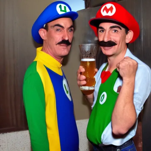 Image similar to luigi from super mario drinking a beer with mario