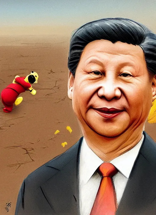 Image similar to portrait of Xi Jinping wearing a Winnie the Pooh onesie in a trashy Chinese dirt poor landfill, hungry, beta weak male, digital painting, concept art, smooth, sharp focus, illustration, from Slumdog Millionaire, by Ruan Jia and Mandy Jurgens and William-Adolphe Bouguereau, Artgerm