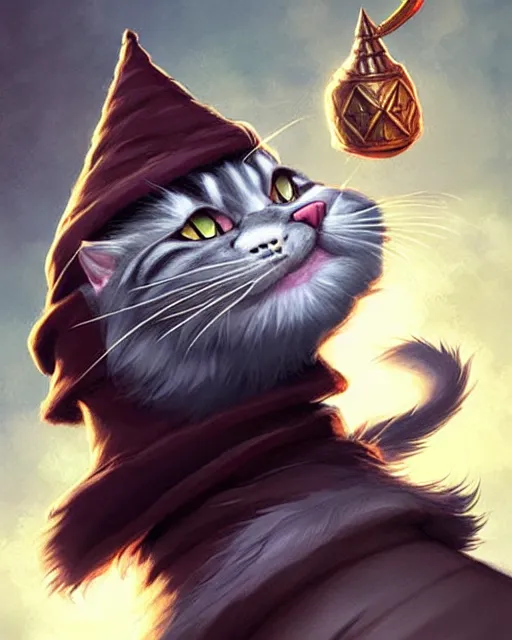 Image similar to A wizard cat, wizard hat, bearded, cat shaped staff, highly detailed, sharp focus, art by Artgerm and Greg Rutkowski and WLOP