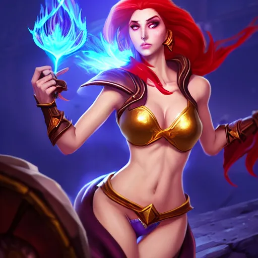 Prompt: The sorceress casting a fire ball, league of legends. She has tiny abdomen & inflated hips body & award winning face. Full body realistic, sharp focus, 8k high definition, insanely detailed, intricate, elegant, smooth, sharp focus, illustration, ArtStation, art by 100% Hearthstone