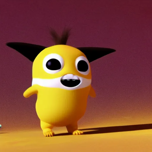 Image similar to final render made with blender of a cute yellow and orange kawaii demon with slow eyes and little fangs standing on a beach, by pixar and studio ghibli